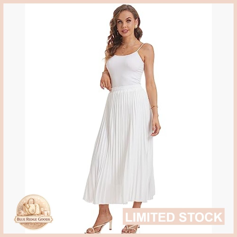 High Waist Elastic Pleated Maxi Skirt Boho Swing A-Line Flowy Elegant - Picture 4 of 7